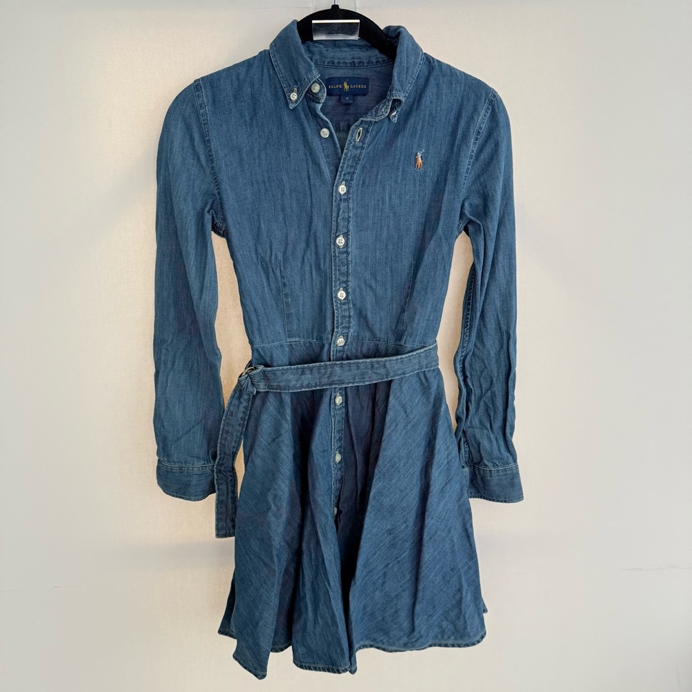 Polo Ralph Lauren Girl's Belted Denim Shirtdress Indigo Blue size 12 - Picture 2 of 4